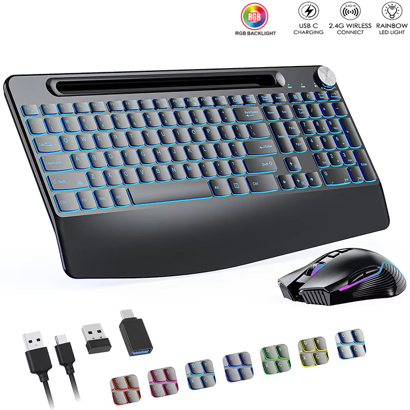 Wrist Rest Ergonomic - 2.4G&Type-C Wireless Keyboard Mouse Combo with